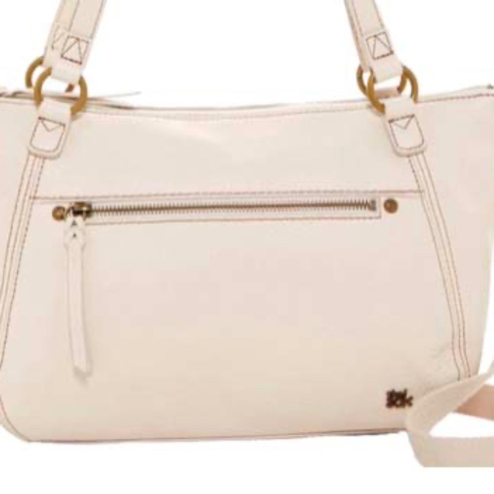SATCHEL, LEATHER, STONE COLOUR, TOP ZIPPER, TOP HANDLES, SHOULDER STRAP, POCKETS